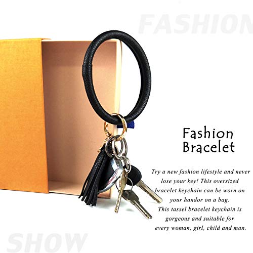 Leather Bracelet Key Ring Bangle Keyring, Tassel Ring Circle Key Ring Keychain Wristlet for Women Girls - Free Your Hands (Black)