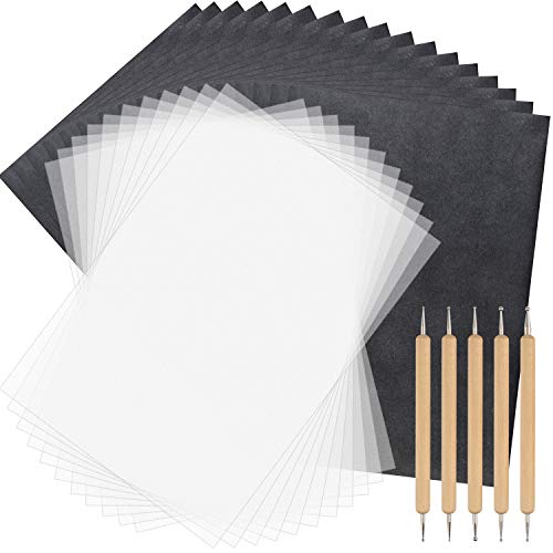 TUPARKA 150 Sheets Carbon Paper and Tracing Paper with 5 Pieces Embossing Pens, Stylus Tools, Black Carbon Transfer Paper for Wood Tracing