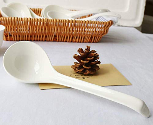 LeBlue 1-Pack Asian Chinese Reusable Dishwasher Microwave Safe 10.6" Big Henry Serving Soup Spoons Ladle, White Bone China Porcelain Ceramics