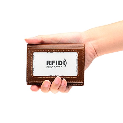 HAWEE Men's Bifold Front Pocket Wallet Genuine Leather RFID Blocking Card Billfold 5 Slots with Cash Clip, Brown