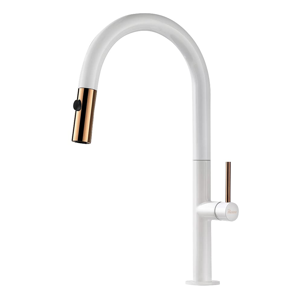 PHASAT White Kitchen Spray Tap with Pull Out Spray 360 Degree Rotation Kitchen Sink Tap Single Lever Single Hole Hot and Cold Sink Mixer Faucet KW01