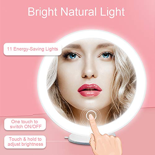 Vech 10X Magnifying Makeup Mirror with Lights, Hand Cosmetic Light up Mirrors, Intelligent Switch, 360 Degree Rotation, Powerful Suction Cup, Portable, Good for Tabletop, Bathroom, Traveling