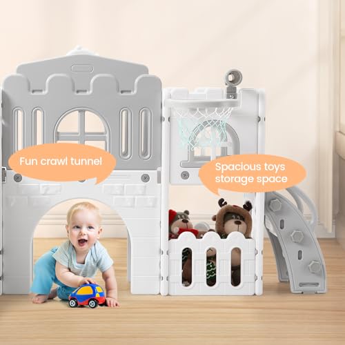 Garvee 8-in-1 Toddler Slide Playset for Kids Age 1-3, Freestanding Indoor Outdoor Baby Playset with Basketball Hoop, Steering Wheel, Telescope, Crawl Tunnel and Toy Storage