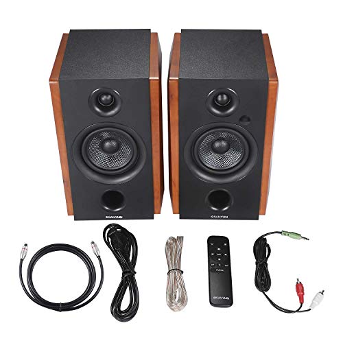 Sanyun SW228BT Powered Bluetooth Bookshelf Speakers - 4 Inch Active Carbon Fiber Speaker- Wireless Studio Monitors - Optical RCA 3.5mm Audio Inputs - 46W RMS - Wooden Enclosure