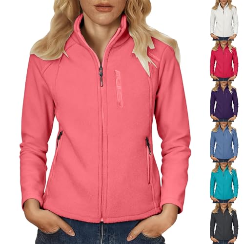 Womens Fleece Jackets Full Zip Solid Color Long Sleeves Winter Jackets For Women Uk Fashion Stand Collar Ladies Chunky Cardigans With Zipper Pockets Padded Thick Ladies Coats Outdoor Hiking Outerwear