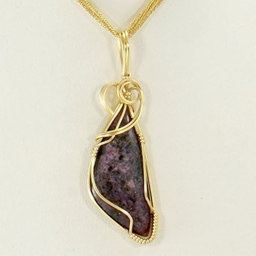 Purple Chariote Gemstone Pendant, Handmade Wire Wrapped Jewelry, Artisan Gold Necklace
