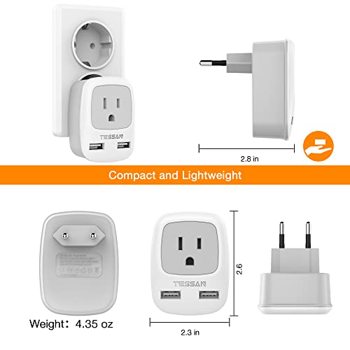 TESSAN European Travel Plug Adapter, Europe Power Adaptor with 2 USB Ports, International Type C Outlet Charger for US to Most of EU Iceland Spain Italy France Germany