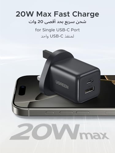 UGREEN 20W GaN Charger, 2-Port USB-C Wall Charge Fast Charging for iPhone 16 Pro/15 Pro Max, Samsung S24U, iPad, with 4-Security Protection, 38% Smaller than Original, Travel USB-C Adapter