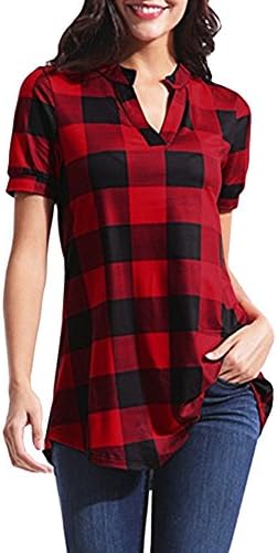 XIOAJING Xiaojing 2019 Women Summer New Loose V-Neck Irregular Hem Blouse Casual Plaid Printed Short SleeveT-Shirt Tops