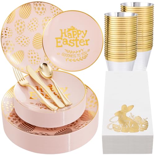 Photo 1 of Nervure 175PCS Easter Plastic Plates - Pink Plastic Plates Disposable Include 25 Dinner Plate, 25 Dessert Plate, 25 Cups, 25 Knives, 25 Forks, 25 Spoons, 25 Napkins for Easter Party