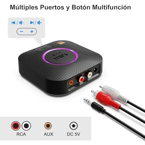 1Mii B06S+ LDAC Receptor Bluetooth 5.2 HiFi, Adaptador Audio Bluetooth con Aptx Baja Latencia & HD, Salida RCA/AUX 3,5 mm Jack, Control Volumen, 100ft Receptor de Largo Alcance para Estéreo Doméstico