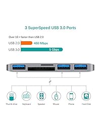 Conector adaptador tipo C 5 en 1 de alta velocidad con 2 lectores de tarjeta y 3 puertos USB 3.0 para MacBook Pro 2017. Gris espacial