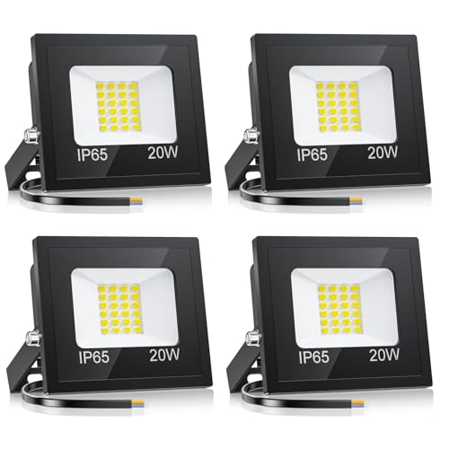 YIQIBRO Outdoor LED Spotlights 20W, 4 Packs 2000LM 6500K LED Floodlight, IP65 Waterproof Cool White Spotlight for Home, Garage, Patio, Terrace, Garden