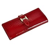 Glossy Genuine Leather Wallet Crocodile Pattern with an ID Window - Red