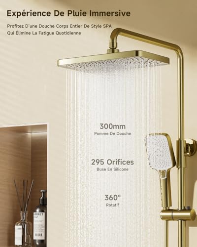 Shower Column,Brushed Gold 4 in 1 Shower Column Set,300x180mm Square Rainfall Shower Head,3 Modes Hand Shower,360° Shower Head,Rain Shower with Accessories