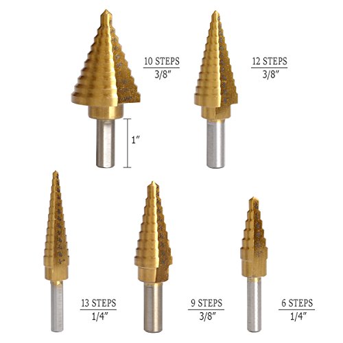 Goetland Titanium Step Drill Bits Set HSS High Speed Steel Cobalt Multiple Steps with Aluminum Case, Set of 6 pcs 50 Steps & Automatic Center Punch