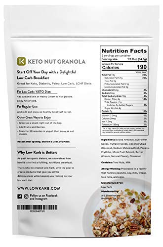 Low Karb - Keto Nut Granola Healthy Breakfast Cereal - Low Carb Snacks & Food - 2g Net Carbs - Almonds, Pecans, Coconut and more (11 oz) (6 Count)