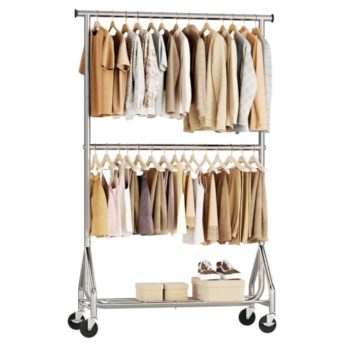 HYSEYY Heavy Duty Clothes Rack, Double Rod Clothing Rack for Hanging Clothes,