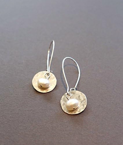 Handmade Lightweight Small Womens Silvertone White Pearl Disc Drop Earrings Beads by Bettina