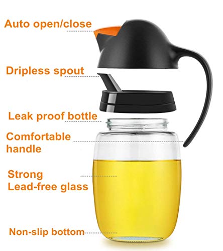 2 Pack Olive Oil Dispenser Bottle with Automatic Cap 21oz Glass Oil and Vinegar Dispenser Bottle for Kitchen, No Drip Condiment Dispensing Cruet Container with Precise-Pour Spout (Black+Red)