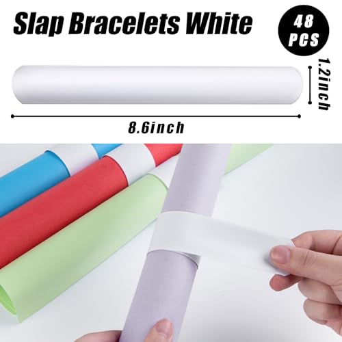 LovesTown 48PCS Slap Bracelets White, Party Slap Bracelets DIY Wrist Bands Bulk Blank Snap Band for Kids Birthday Party Favors School Crafts