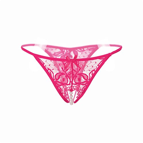 Sinma Clearance Women Sexy Lace Crotchless Panties Pearl Massaging Underwear Thongs (Hot Pink)