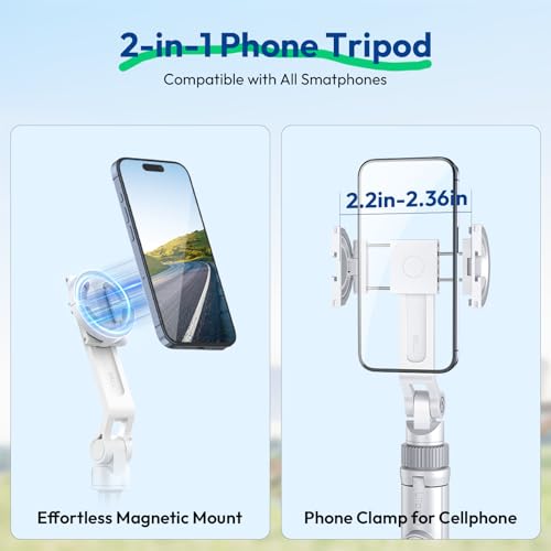 ULANZI TT88 Magnetic Tripod for iPhone, 57" Extendable Selfie Stick with Remote, 2-in-1 Phone Clip & Dual Cold Shoe Mounts-Lightweight Phone Tripod Stand for Vlogging, Travel, Video Recording (White)