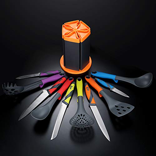 Kitchen Utensil Set & Kitchen Knife Set - 6 Piece Nylon Nonstick Cooking Utensil Set & 5 Piece Cook Knife Set with Rotating Knife & Utensil Holder - Kitchen Tools include Knife,Turner,Spatula & Spoon