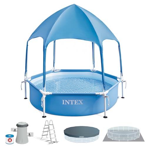 - Piscina Desmontable Hexagonal, Metal Frame, Ø183x38 cm, 700 litros, Montaje 10 min, Incluye toldo Desmontable UPF 50+ con difusor de Agua, +3 años (56031)