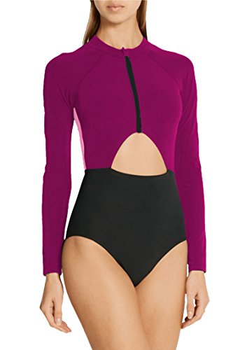 Pink Queen Women's Hollow Out Zip-up One-piece Rashguard Bodysuit Purple S