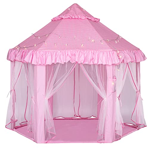 Kids Play Tent for Girls - Large Princess Castle Play Tent, Indoor & Outdoor Pop up Playhouse with Star Lights Kids Toddlers Toys Gifts for 3 4 5 6 7 8 9 Year Old Girls Boys (Hexagon Pink 140x135cm)