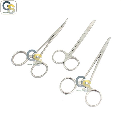 G.S 3 PCS PREMIUM GRADE WEBSTER NEEDLE HOLDER 5" SMOOTH + MOSQUITO HEMOSTAT FORCEPS 5" CURVED + STITCH SCISSORS 4.5" LACERATION KIT BEST QUALITY