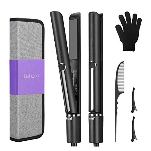 USHOW Professional Salon Hair Straightener and Curler 2 in 1 Curlling Iron Tourmaline Ceramic Flat Iron for Hair Styling with Adjustable Temperature of 230℉-450℉, 1 inch Plate