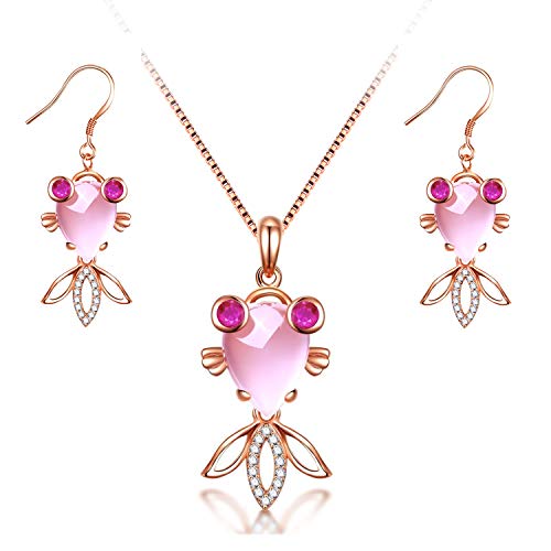 Uloveido Cute Pink Crystal Pendant Necklace and Earrings Set for Women Pink Fish Jewellery Set Rose Gold Plated for Girls ED117