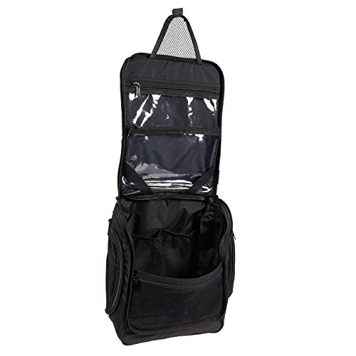 Black Hanging Toiletry Bag - Compact Portable Travel Bag Organizer - For Men & Women - Holds Shaving Bottles, Razors, Shampoo, Toothpaste, Cosmetics, Makeup, & More - 10.5 x 9.5 x 4.5 Inches