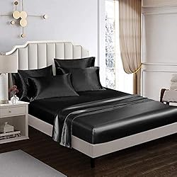 AiMay 6 Piece Satin Bedding Sheet Set King Black