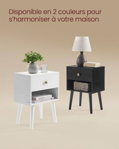 Table de Chevet avec tiroir et étagère Ouverte, Pieds en Bois, Table Basse pour Salon, Chambre à Coucher, canapé, Blanc Neige LET655W01