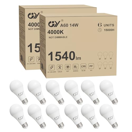 GY E27 Neutral White LED Bulb 14W 4000K 1540 Lumen, A60 Low Consumption, 14W Equivalent to 100W, Non-Dimmable 12 Units