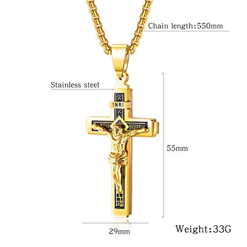 Wowsweet 14K Gold Plated Catholic Jesus Stainless Steel Cable Chain Necklaces Crucifix Cross Pendant for Men Women (Silver A)