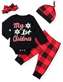 4Pcs Christmas Outfit Set Baby Boy Girl Clothes Infant My First Christmas Romper and Plaid Pants(0-6Months)