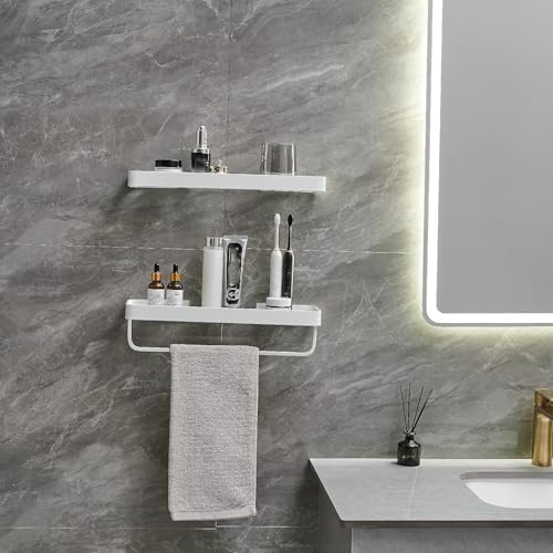 40 CM Wall Mounted Shower Shelves, 2 Tier Bathroom Caddies with Towel Bar, Tempered Glass Floating Shelf, White Bathroom Wall Organizer