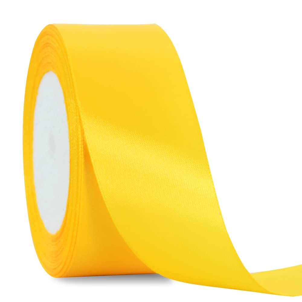 TONIFUL 4cm X 22M Wide Gold Yellow Satin Ribbon Solid Fabric Ribbons for Wedding Car Decoration Chair Sash Crafts Gift Wrapping Cutting Ceremony Table Bows Floral Sewing Party Decoration