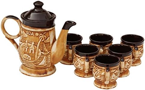 Ceramic Tea-Pot Set - Kettle with Lid &amp; 6 4oz. Tea Cups - Hand-Painted &amp; Textured Rustic Brown - Kitchen Tools &amp; Accessories