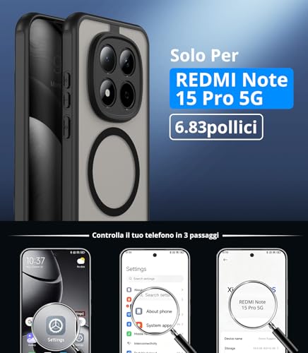 Vansdon Magnetic Cover for Xiaomi Redmi Note 15 Pro 5G with 1 Pieces Tempered Glass, Magsafe Compatible with Magsafe, Military Level Anti-Drop Protection, Translucent Slim Matte Shockproof Cover-Black