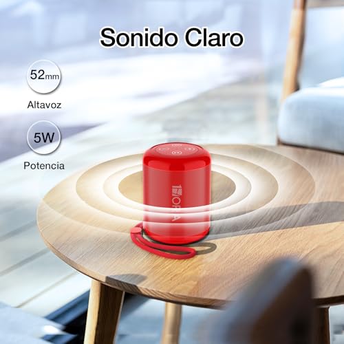 1 Hora Bocina Bluetooth Portátil 5W, Mini Bocina Inalámbrica con USB-C, Radio FM, TWS, USB/TF/AUX, Manos Libres, Batería 1500mAh, Bocina Pequeña para Viaje, Oficina y Casa, Rojo