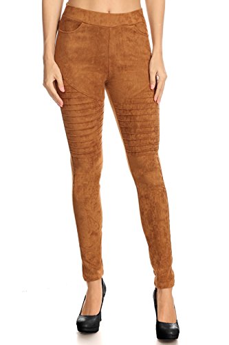 ICONOFLASH Women's Faux Vegan Suede Skinny Moto Pants (Khaki, Large) - Thumbnail 3