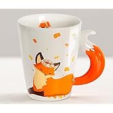 Ceramic Fox Coffee Mug with Tail Handle, 12 oz, White and Orange, Floral Design