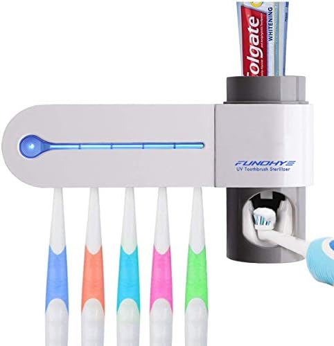 FUNOHYE UV Toothbrush Holder Toothpaste Dispenser Wall Mounted Toothbrush Holder & Automatic Toothpaste Holder with 5 uv Toothbrush sanitizer Holder UV Toothbrush Cleaner Toothpaste Vacuum Pump