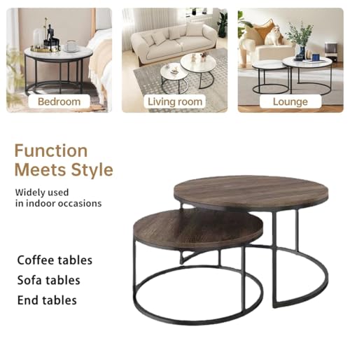 Zucng Nesting Tables Removable Set of 2 End Table, Round Coffee Tables with Gold Metal Frame Legs and Faux Marble Coffee Table Wooden for Living Room, Bedroom, Office, Balcony, Apartment (Brown)