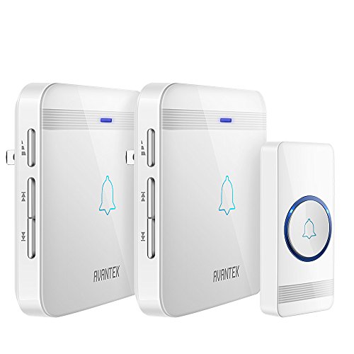 Wireless Doorbell, AVANTEK Waterproof Chime Kit Operating at Over 1300 Feet with 2 Plug-In Receivers, 52 Melodies to Choose From, 5 Volume Levels and LED Flash